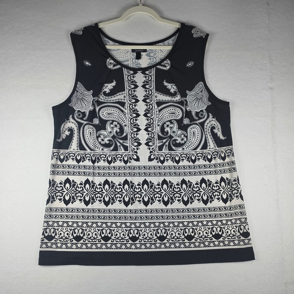JSP Woman Paisley Panel Print Tank Top 1X Black White Sleeveless Stretch‎